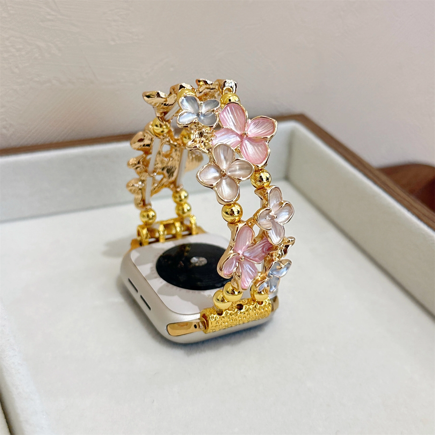 导维 表带 苹果适用 金属材质 樱花油画创意高级腕带时尚智能复古小众男女通用