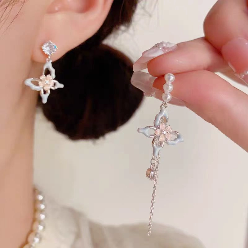 饰之颜 森系夏季时尚小清新滴油花朵蝴蝶流苏 不对称耳坠气质甜美时尚百搭#好运 合金 耳环 女款