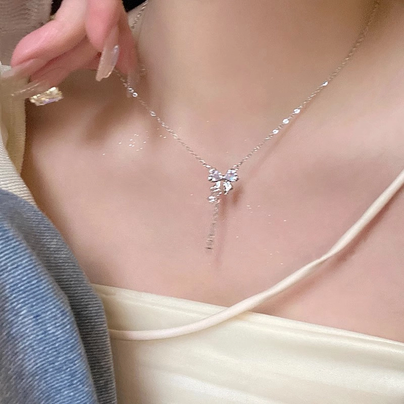 饰之颜 日韩甜美星光点点蝴蝶结 个性精致梦幻时尚 璀璨浪漫 温柔灵动 纯洁少女感日常百搭#好运 不锈钢 项链 女款