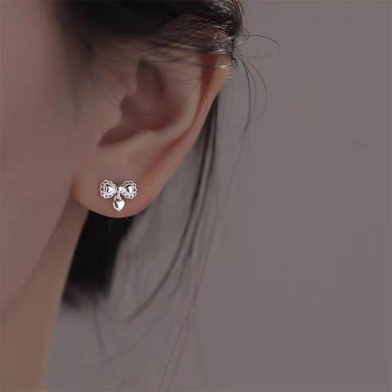 饰之颜 时尚甜美精致温柔蕾丝边蝴蝶结#好运 合金 耳钉 女款