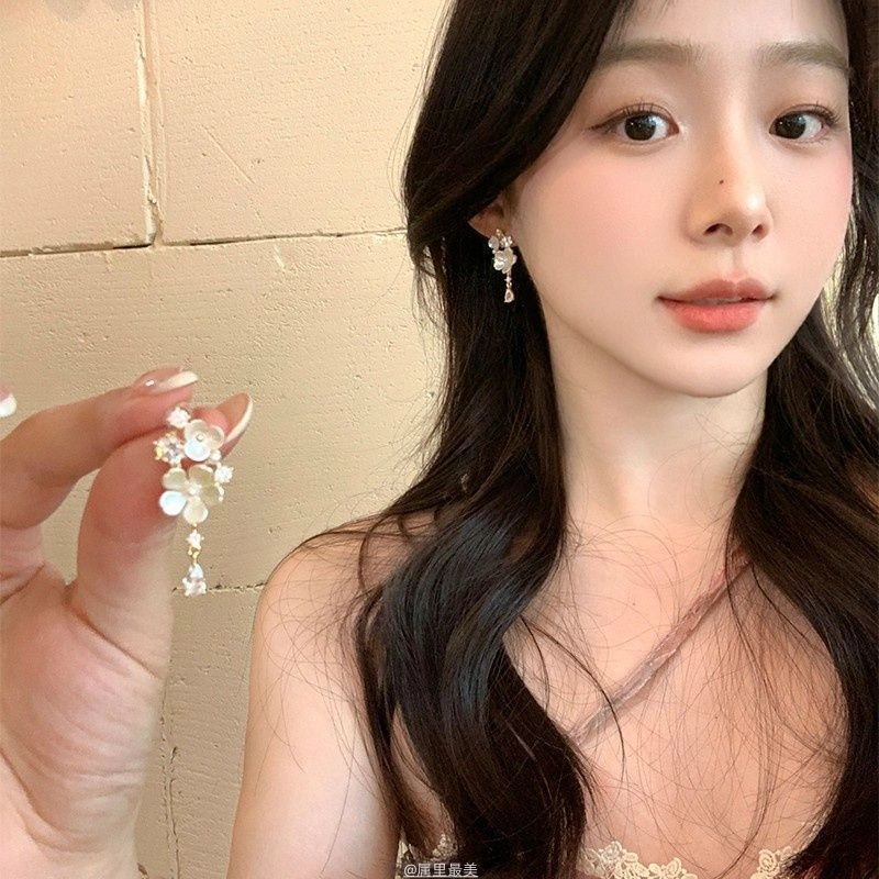 饰之颜 森系法式闪锆花朵流苏轻奢高级感气质 合金 耳环 女款