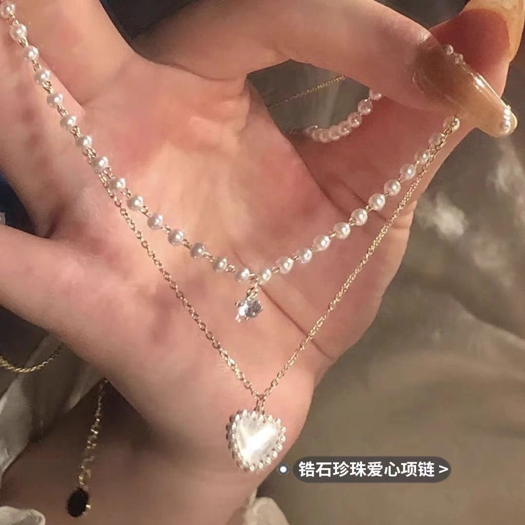 饰之颜 双层叠戴爱心珍珠日韩甜美 轻奢小众高级感颈链气质百搭锁骨链 通勤时尚 钛钢 项链 女款