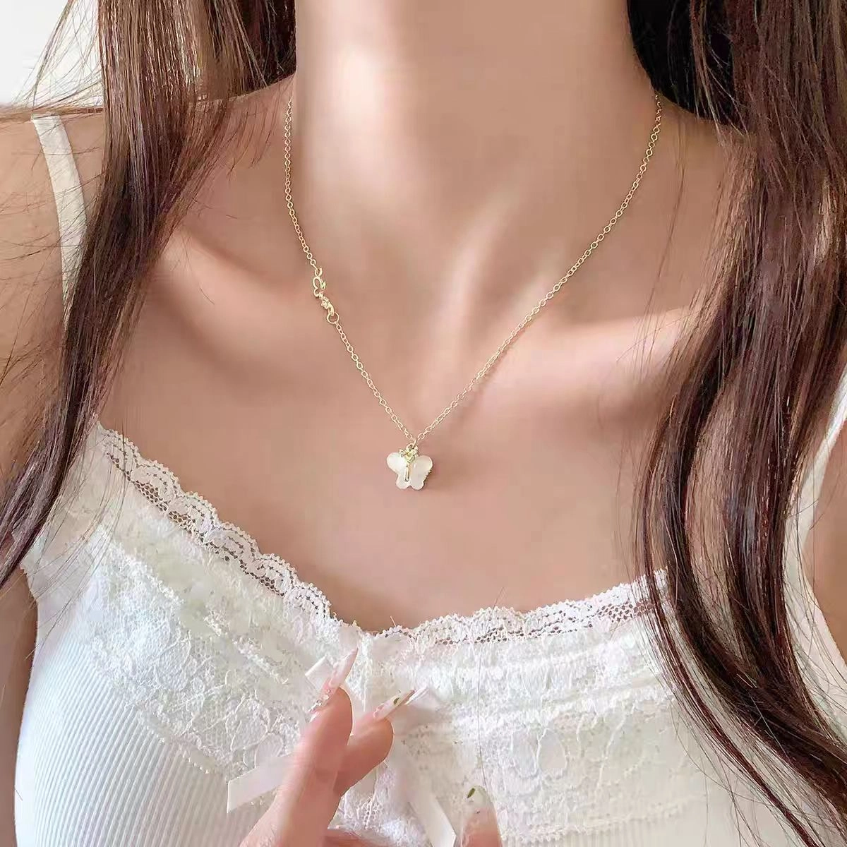 饰之颜 新中式小众轻奢百搭复古蝴蝶设计感 甜美清新锁骨链#好运 合金 项链 女款