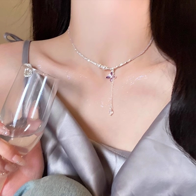 饰之颜 森系 与春同频！紫色蝴蝶碎银流苏 轻奢小众高级感锁骨链春天配饰 时尚百搭 可调节#好运 合金 项链 女款