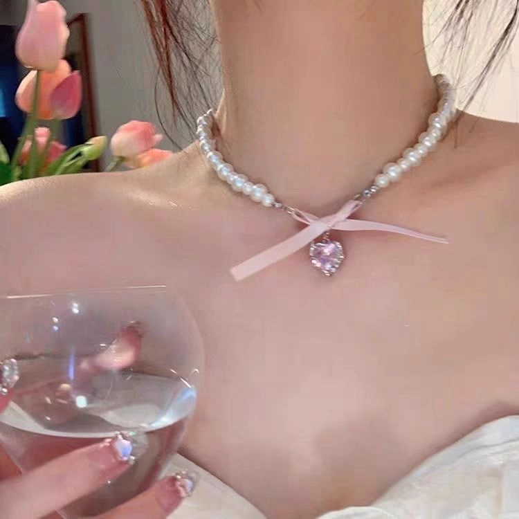 饰之颜 芭蕾爱心蝴蝶结夏季轻奢小众百搭法式锁骨链甜美设计可爱#好运 合金 项链 女款