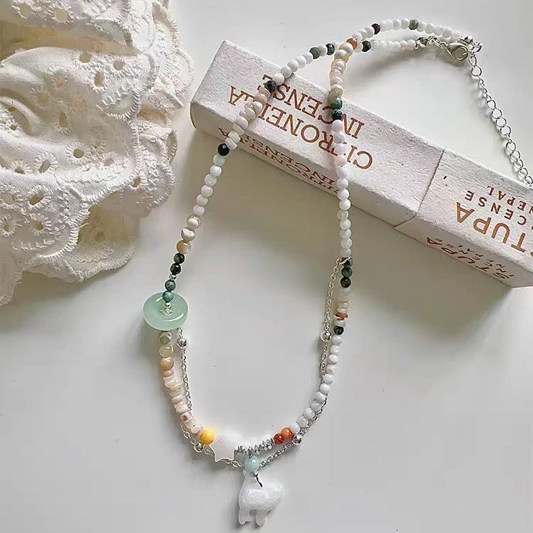 饰之颜 法式多巴胺爆棚!双层彩色串珠猫咪夏季甜美小清新锁骨链百搭颈链 锌合金 项链 女款