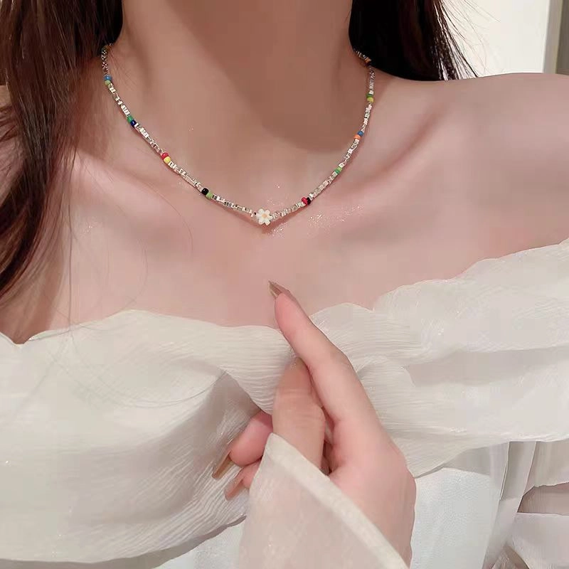 饰之颜 甜酷甜美彩色花朵米珠时尚简约百搭气质项饰 合金 项链 女款