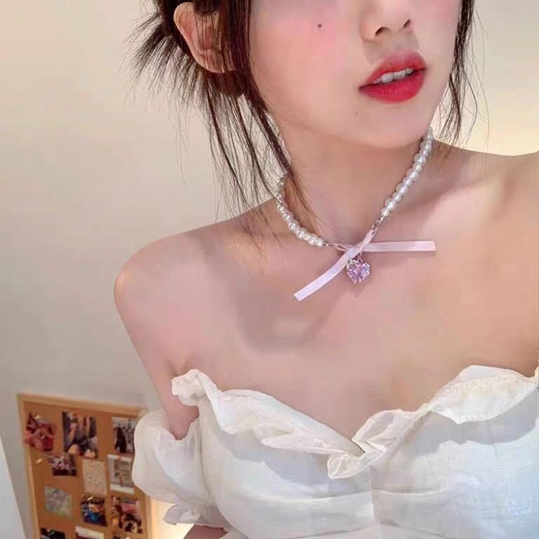 饰之颜 芭蕾爱心蝴蝶结夏季轻奢小众百搭法式锁骨链甜美设计可爱#好运 合金 项链 女款