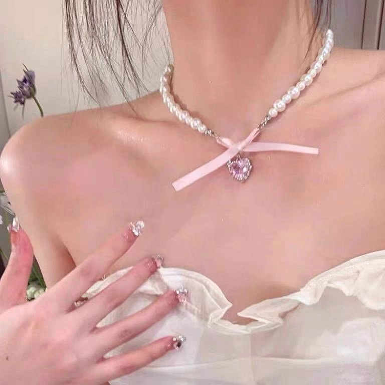饰之颜 芭蕾爱心蝴蝶结夏季轻奢小众百搭法式锁骨链甜美设计可爱#好运 合金 项链 女款