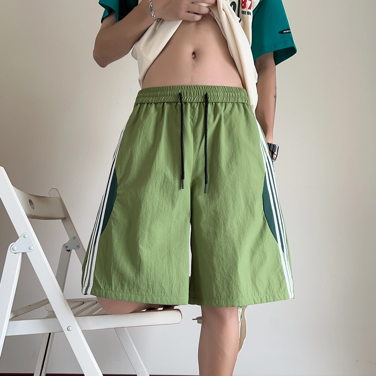 美式复古撞色条纹拼接潮流冰丝凉感速干运动五分裤户外机能风百搭宽松夏季轻薄透气休闲短裤 男女同款