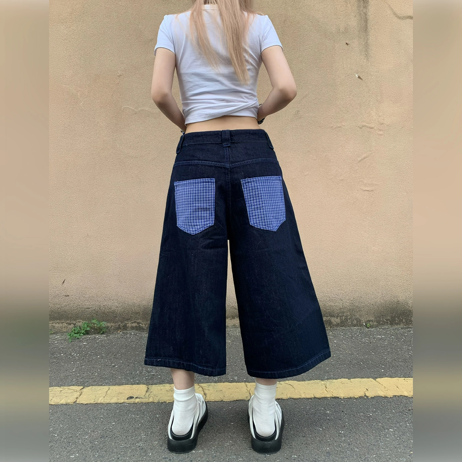 寻星记 美式复古和平鸽刺绣拼接阔腿七分裤潮流百搭春夏款牛仔短裤 男女同款