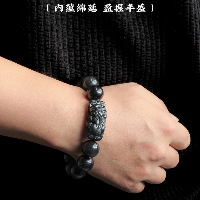子婳 六字真言雕刻貔貅转运珠时尚百搭设计高质感雕刻 黑曜石 手串 男款