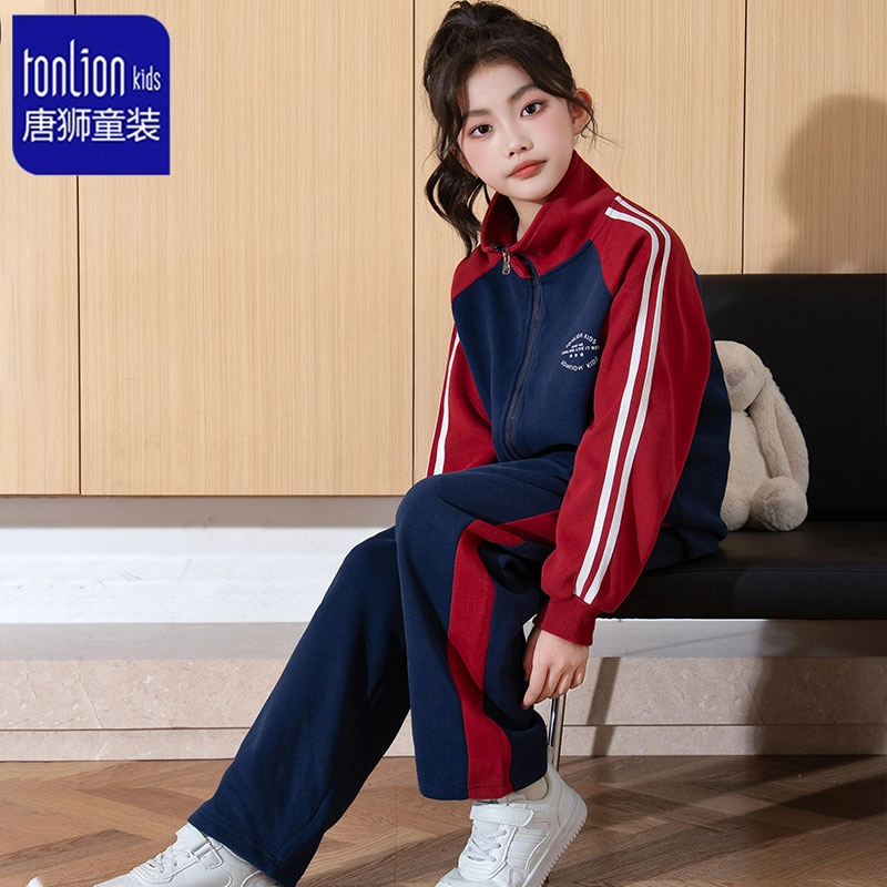 唐狮童装休闲运动套装 时尚条纹拼接 舒适宽松 拉链设计 女款 儿童款