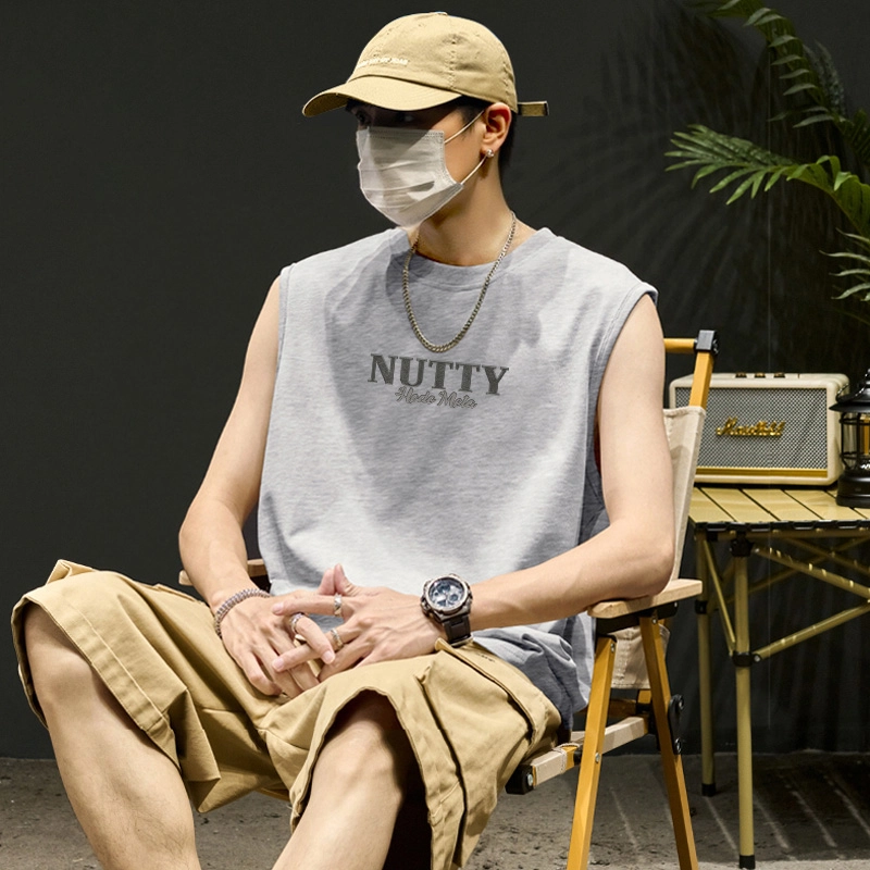 红豆 美式潮牌简约字母印花纯棉夏季亲肤舒适宽松休闲基础款圆领套头内搭打底衫坎肩砍袖百搭大码重磅日常通勤无袖背心 男女同款