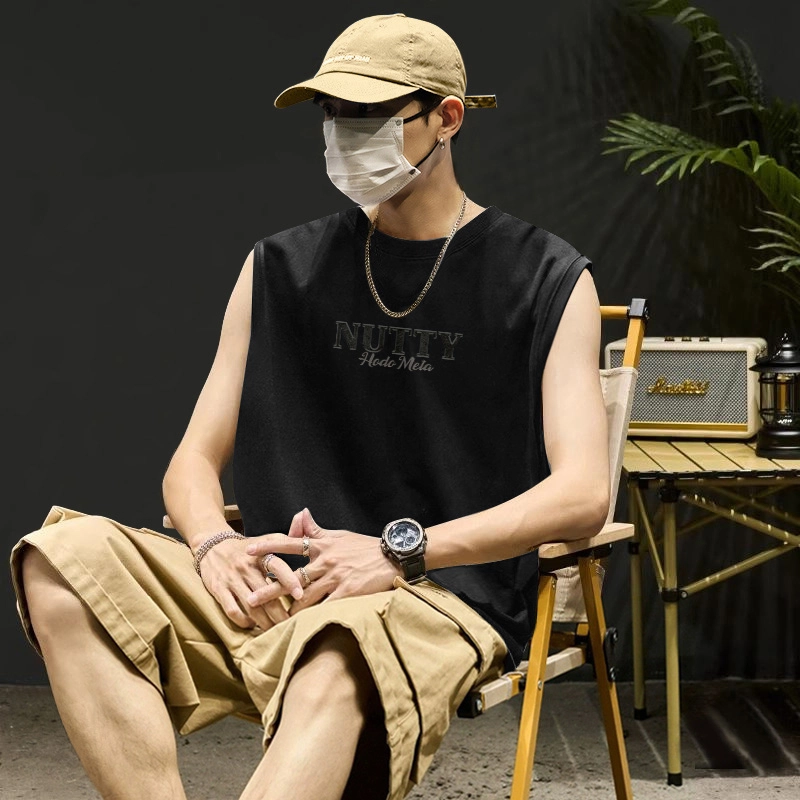 红豆 美式潮牌简约字母印花纯棉夏季亲肤舒适宽松休闲基础款圆领套头内搭打底衫坎肩砍袖百搭大码重磅日常通勤无袖背心 男女同款