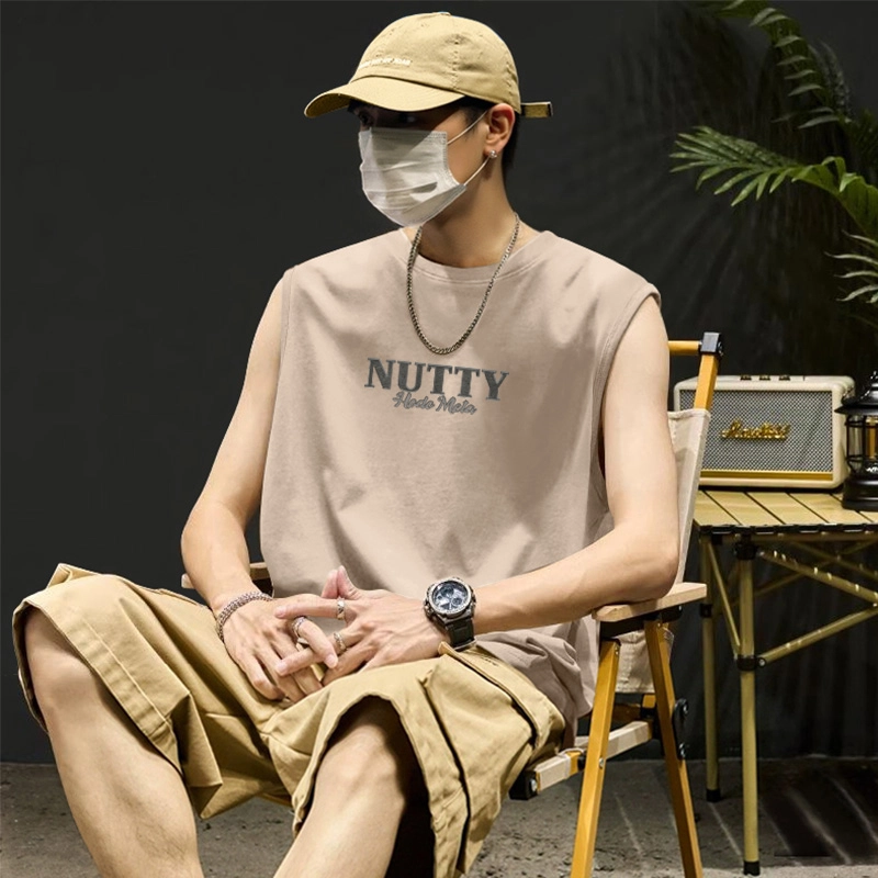 红豆 美式潮牌简约字母印花纯棉夏季亲肤舒适宽松休闲基础款圆领套头内搭打底衫坎肩砍袖百搭大码重磅日常通勤无袖背心 男女同款