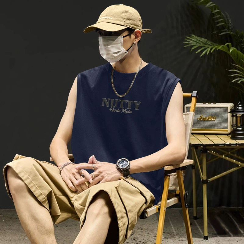 红豆 美式潮牌简约字母印花纯棉夏季亲肤舒适宽松休闲基础款圆领套头内搭打底衫坎肩砍袖百搭大码重磅日常通勤无袖背心 男女同款