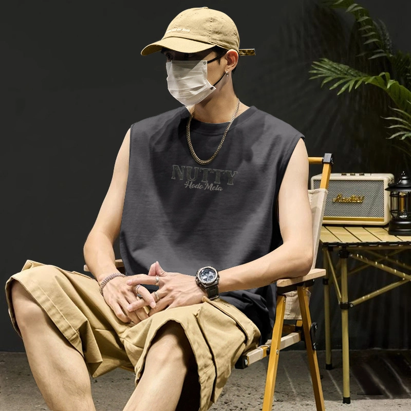 红豆 美式潮牌简约字母印花纯棉夏季亲肤舒适宽松休闲基础款圆领套头内搭打底衫坎肩砍袖百搭大码重磅日常通勤无袖背心 男女同款