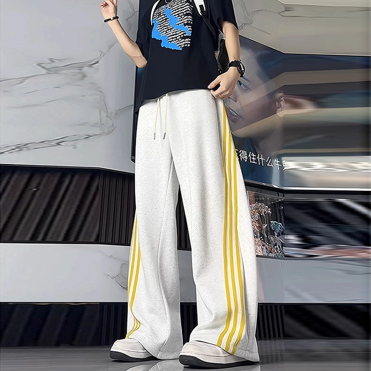 寻星记 美式复古三条杠卫裤 春秋慵懒松弛感潮牌宽松垂坠休闲风针织运动裤 男女同款