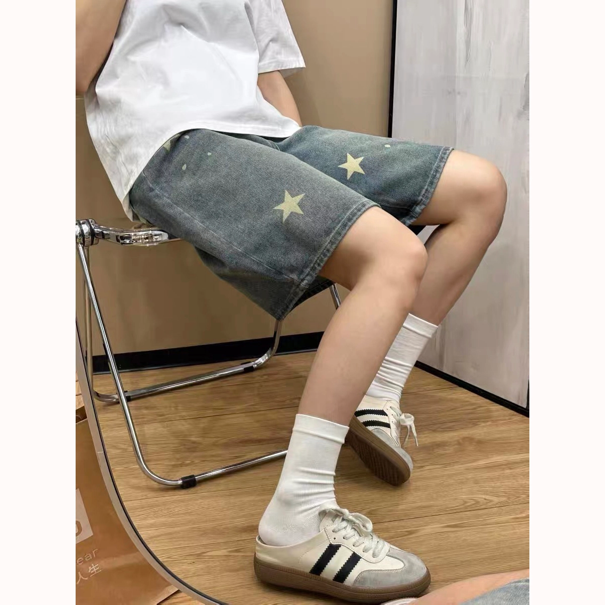 徐百货 复古星星印花五分裤春夏薄款宽松高腰直筒中裤潮流百搭牛仔短裤 男女同款