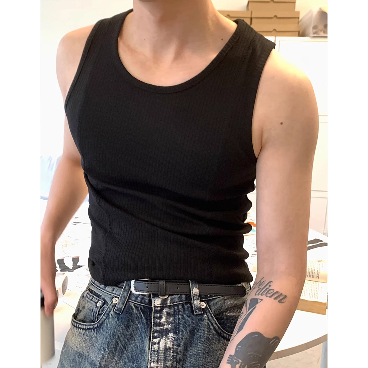 徐百货 韩版螺纹紧身弹力纯色运动健身无袖打底衫休闲坎肩潮流百搭背心 男女同款