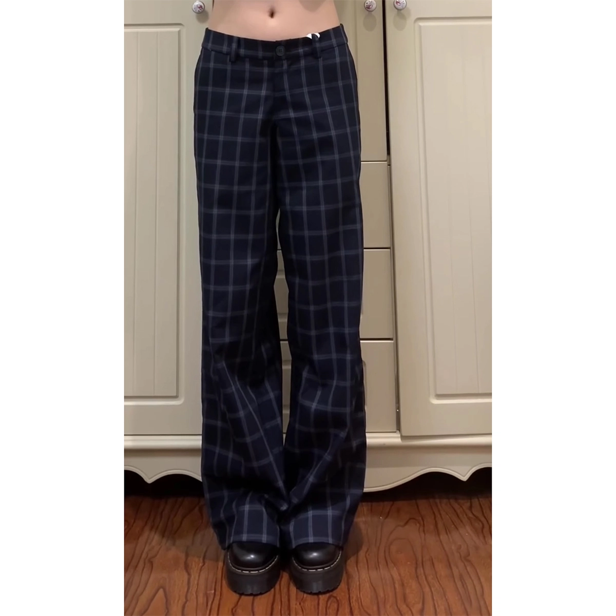 徐百货 美式设计感复古蓝格纹裤辣妹宽松直筒阔腿裤潮流百搭舒适休闲裤 男女同款