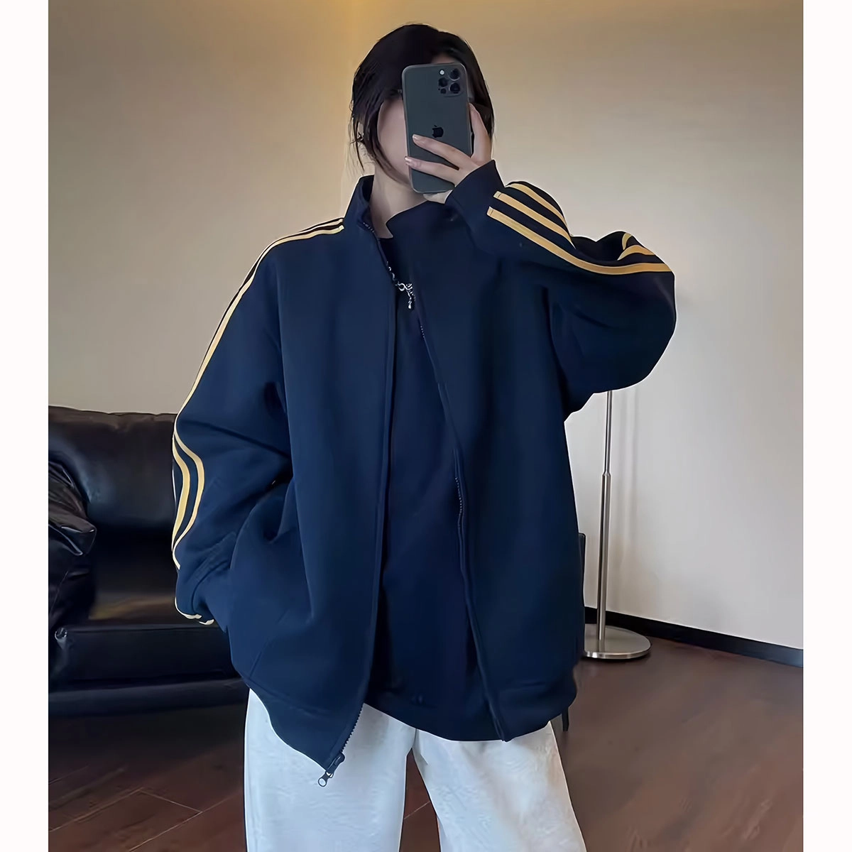 徐百货  潮牌百搭休闲复古秋季拉链上衣潮流三道杠开衫卫衣时尚运动外套棒球服 男女同款