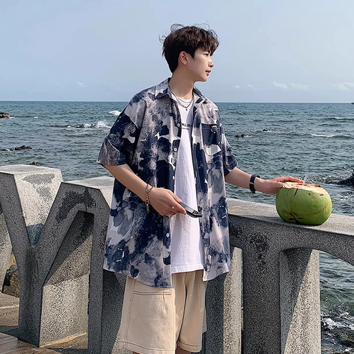 徐百货 薄款透气夏威夷沙滩衬衣痞帅大码宽松外套潮流百搭短袖衬衫 男女同款