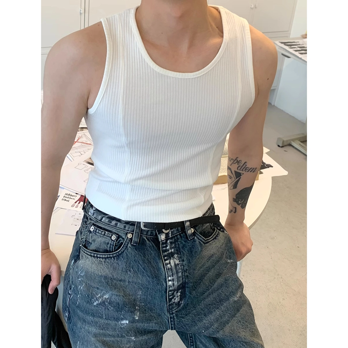 徐百货 韩版螺纹紧身弹力纯色运动健身无袖打底衫休闲坎肩潮流百搭背心 男女同款