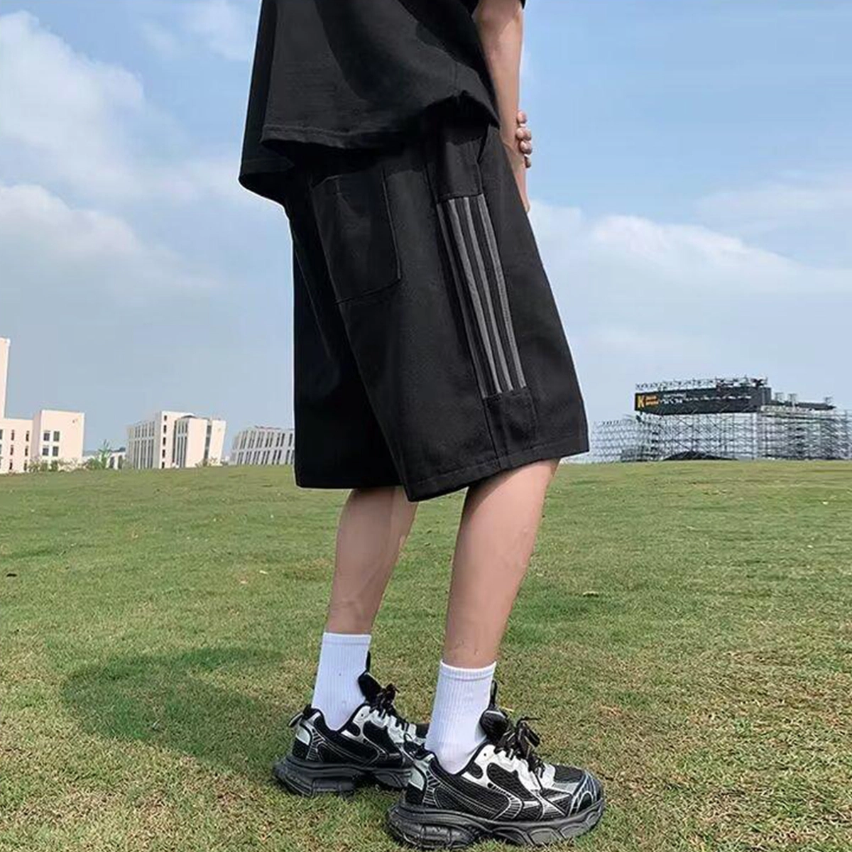 徐百货 美式潮牌复古三条杠设计感户外登山宽松大码五分中裤夏季休闲短裤 男女同款