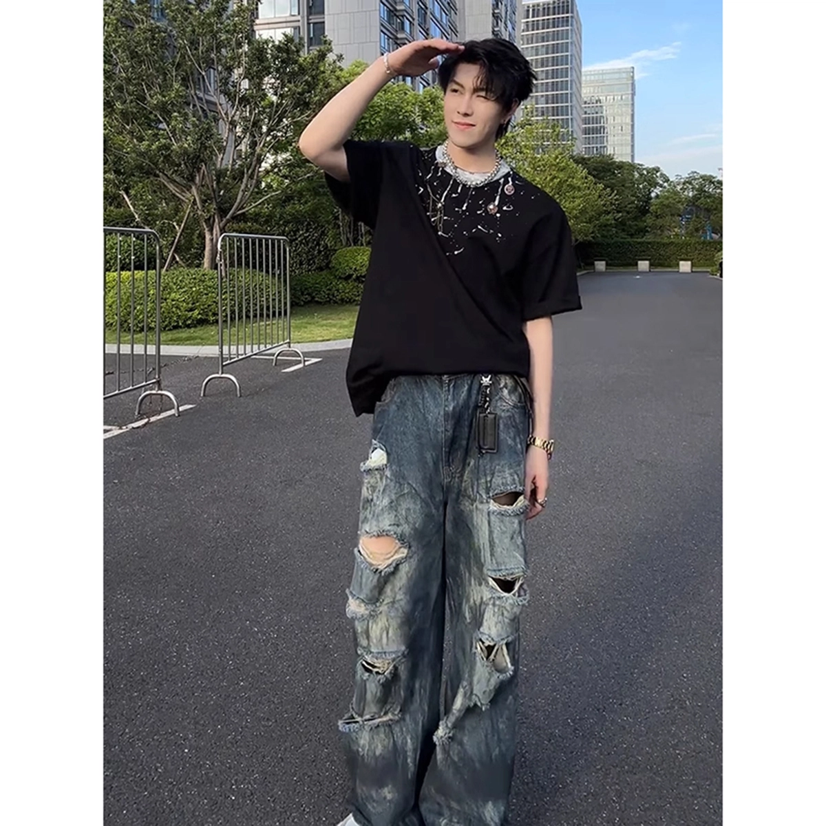 徐百货 美式破洞直筒裤薄款废土风潮牌痞帅乞丐牛仔裤 男女同款