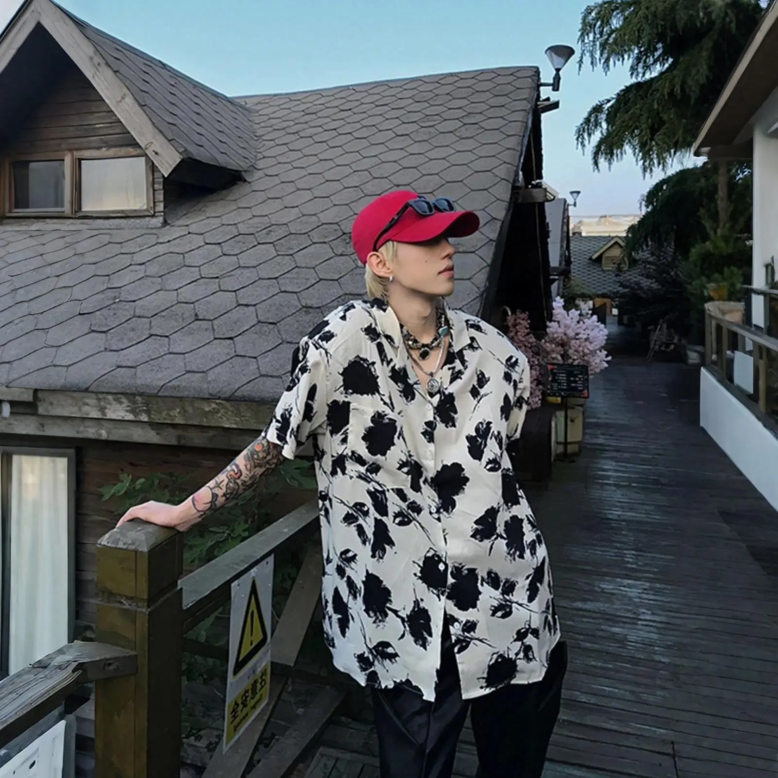 寻星记 美式复古花卉满印冰丝垂感慵懒度假风痞帅宽松百搭夏季短袖衬衣衬衫 男女同款