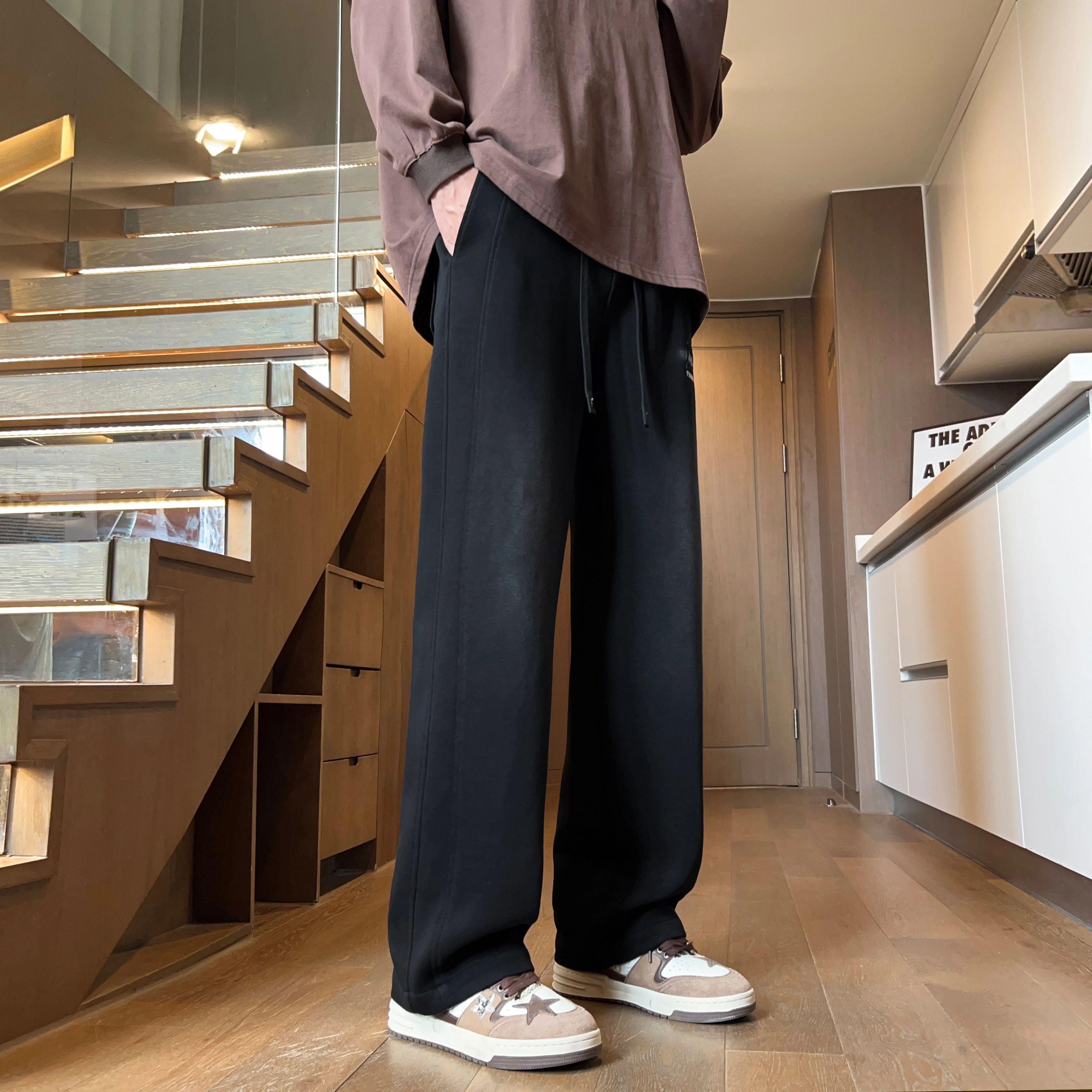 微牛 美式潮流垂感直筒设计感长裤时尚百搭拖地裤子男平脚阔腿裤休闲裤 男款