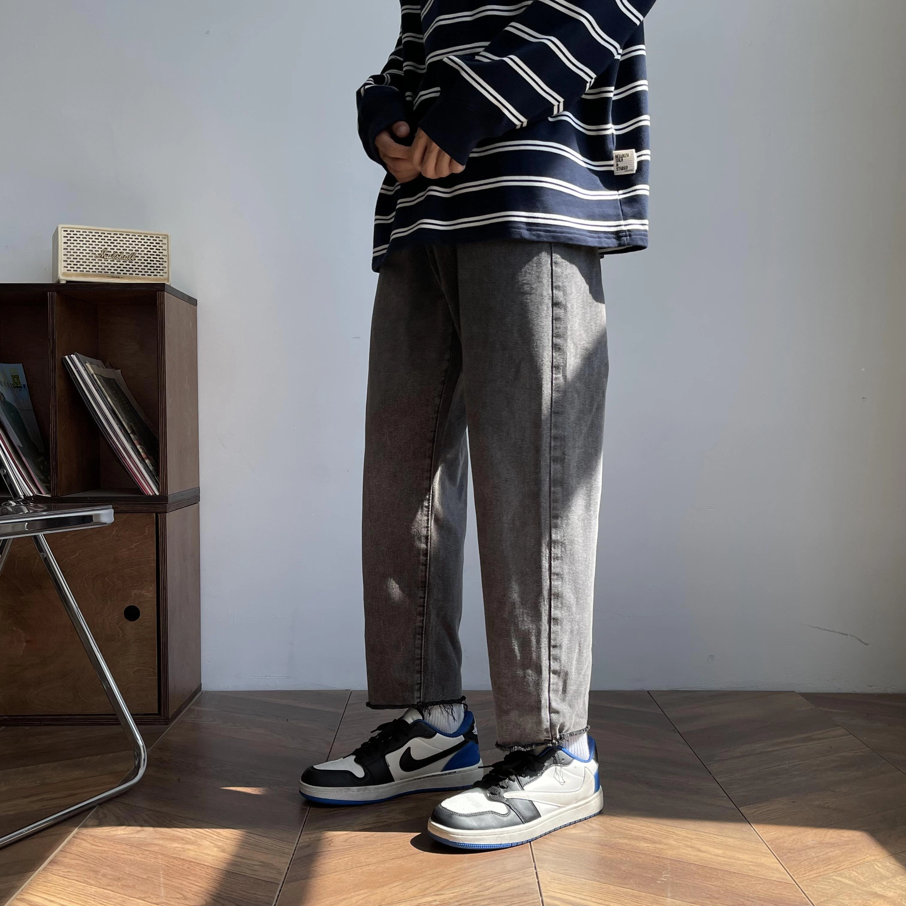微牛 学院风校园潮流宽松直筒休闲裤毛边九分裤潮牌高街裤子男士男生牛仔裤 男款