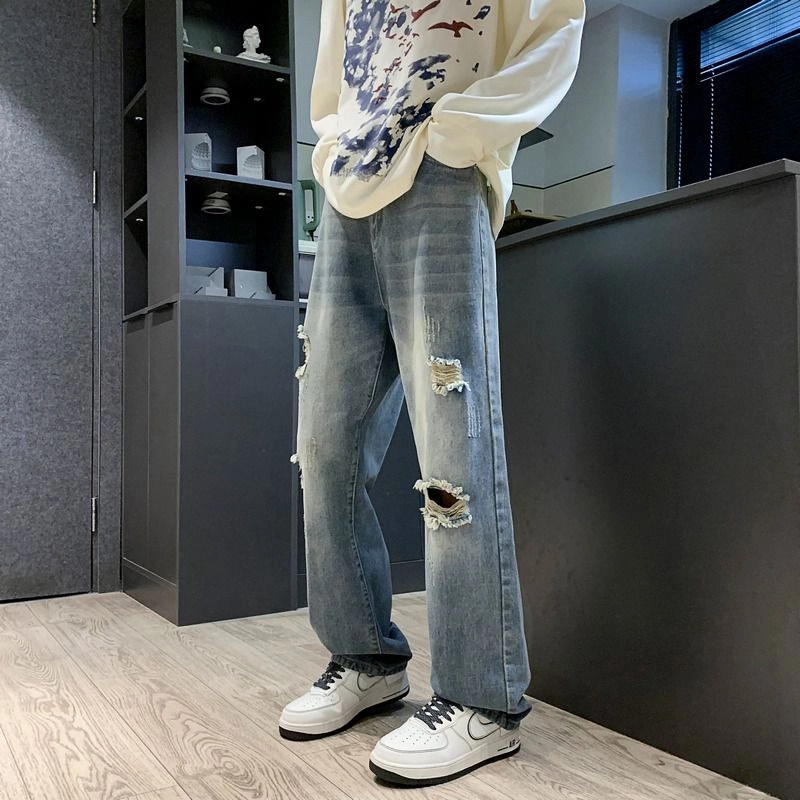 微牛 洗水潮流版宽松直筒裤子工装休闲裤男女长裤牛仔裤 男款