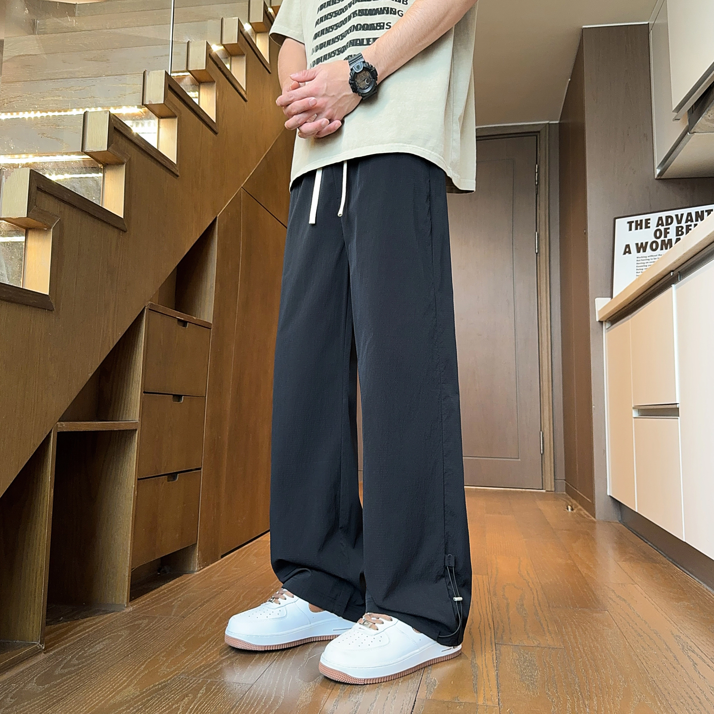 微牛 简约百搭潮牌裤高级男士夏季薄款宽松直筒阔腿工装长裤休闲裤 男款