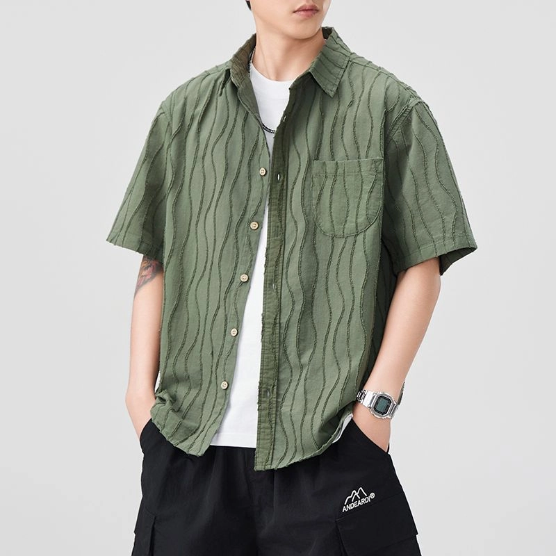 微牛 设计感垂坠抗皱条纹短袖男夏季薄款潮流工装半袖衬衣衬衫 男款