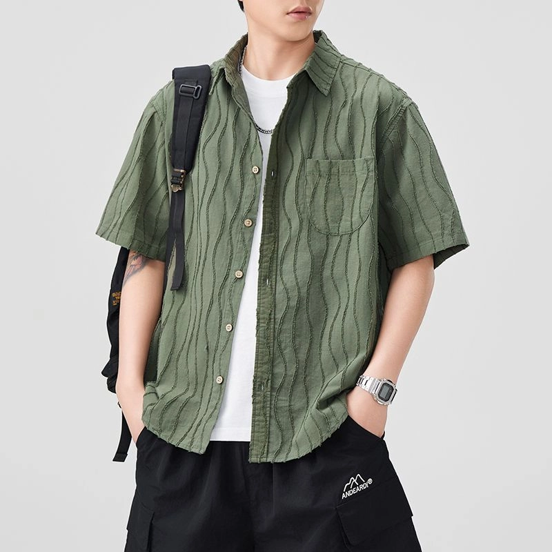 微牛 设计感垂坠抗皱条纹短袖男夏季薄款潮流工装半袖衬衣衬衫 男款
