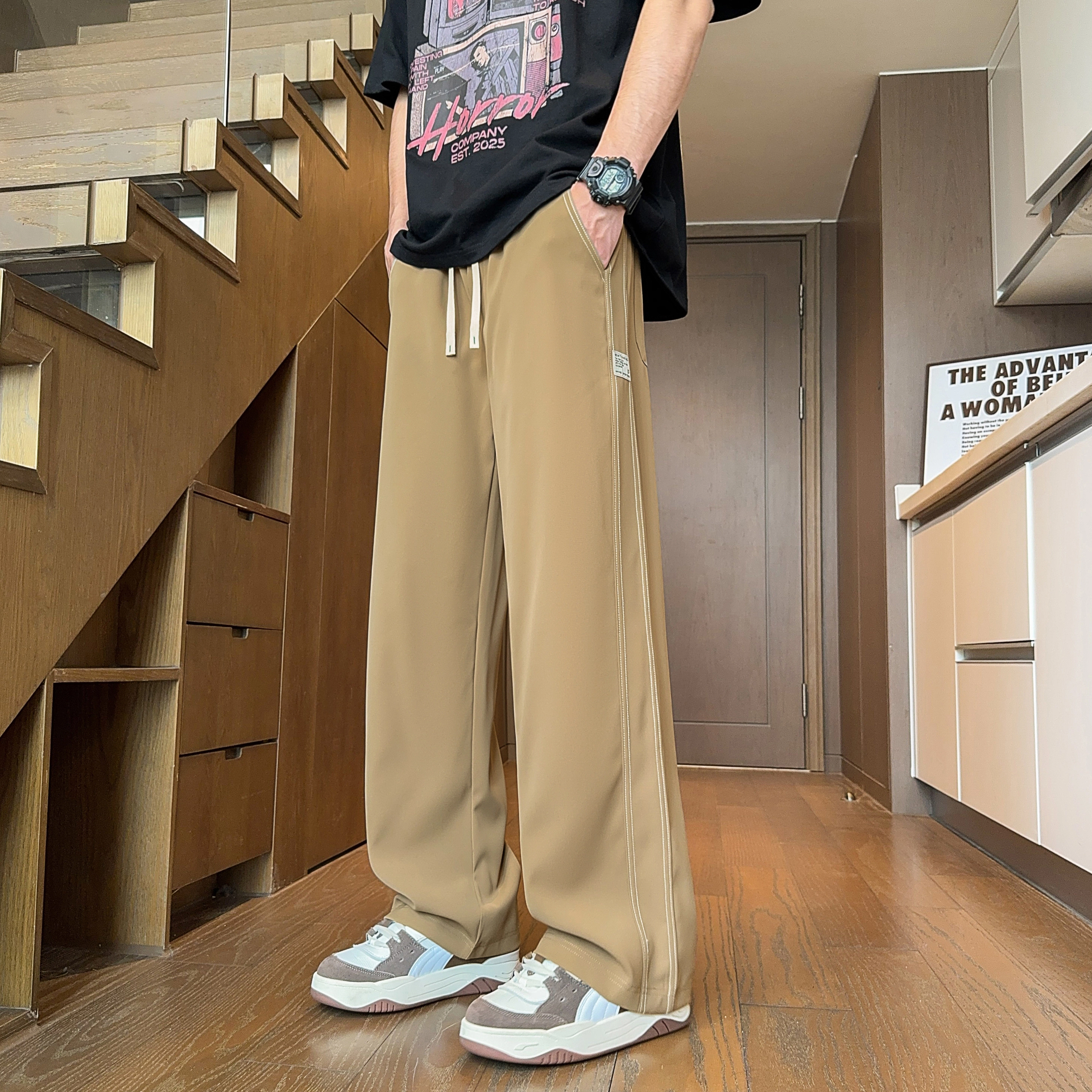 微牛 美式潮流垂感直筒设计感长裤时尚百搭拖地裤子男平脚阔腿裤休闲裤 男款