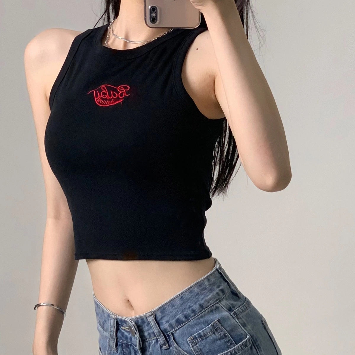 轻迎 纯棉刺绣字母美背一体式外穿宽肩背心运动防走光裹胸辣妹短款上衣背心 女款