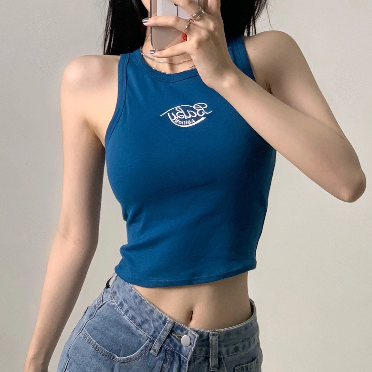 轻迎 纯棉刺绣字母美背一体式外穿宽肩背心运动防走光裹胸辣妹短款上衣背心 女款
