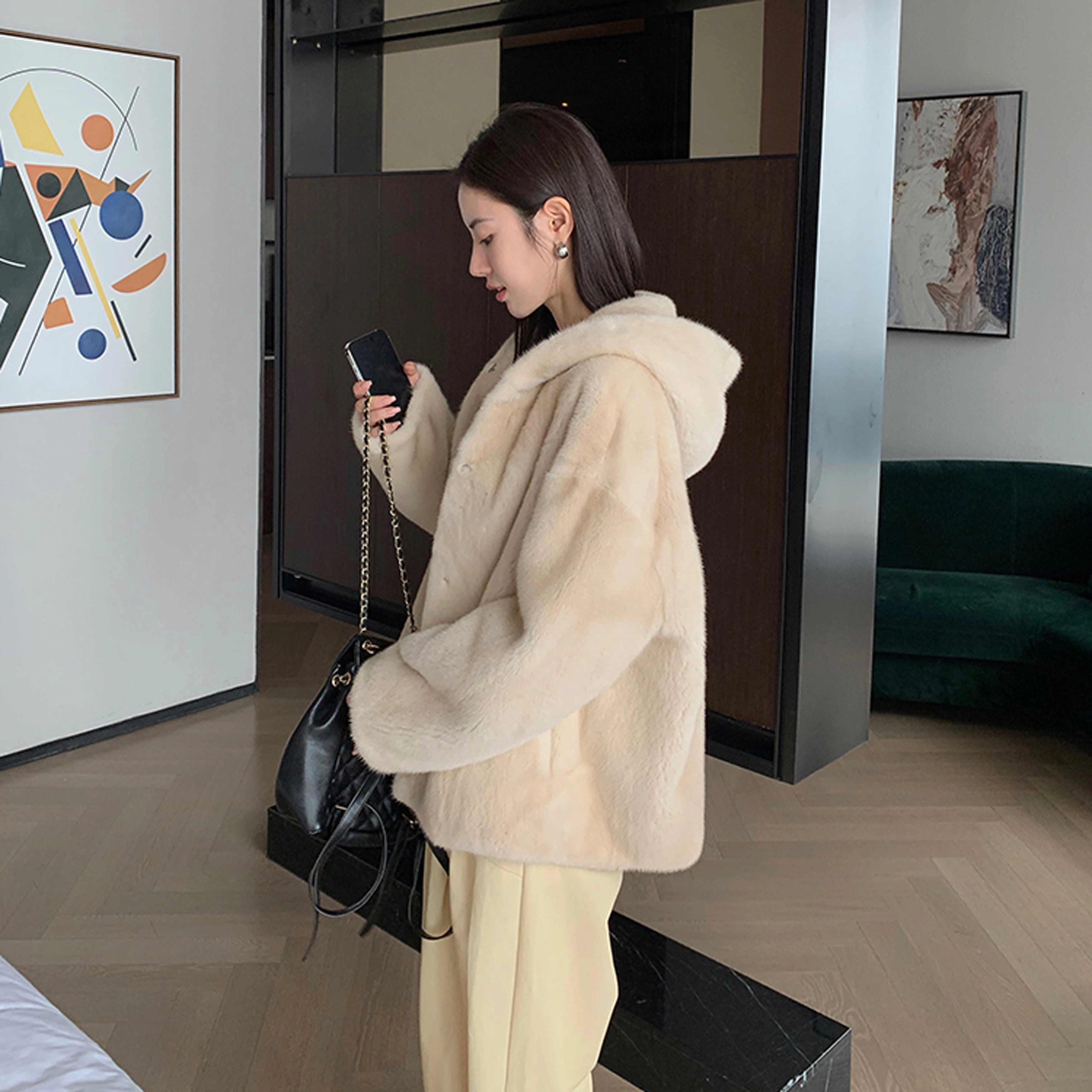 佐塞斯 高端品质轻奢天鹅绒水貂外套貂皮大衣女整貂短款连帽裘皮时尚冬季皮草 女款