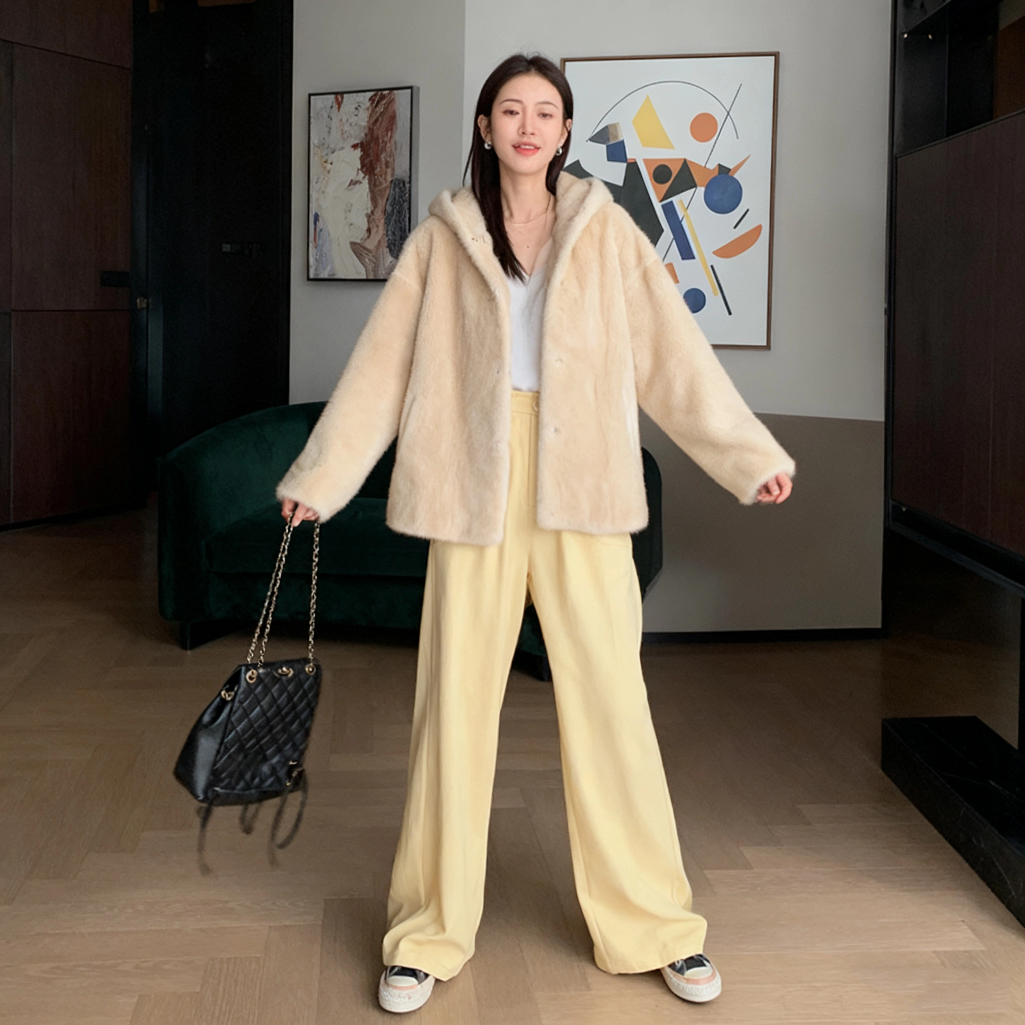 佐塞斯 高端品质轻奢天鹅绒水貂外套貂皮大衣女整貂短款连帽裘皮时尚冬季皮草 女款