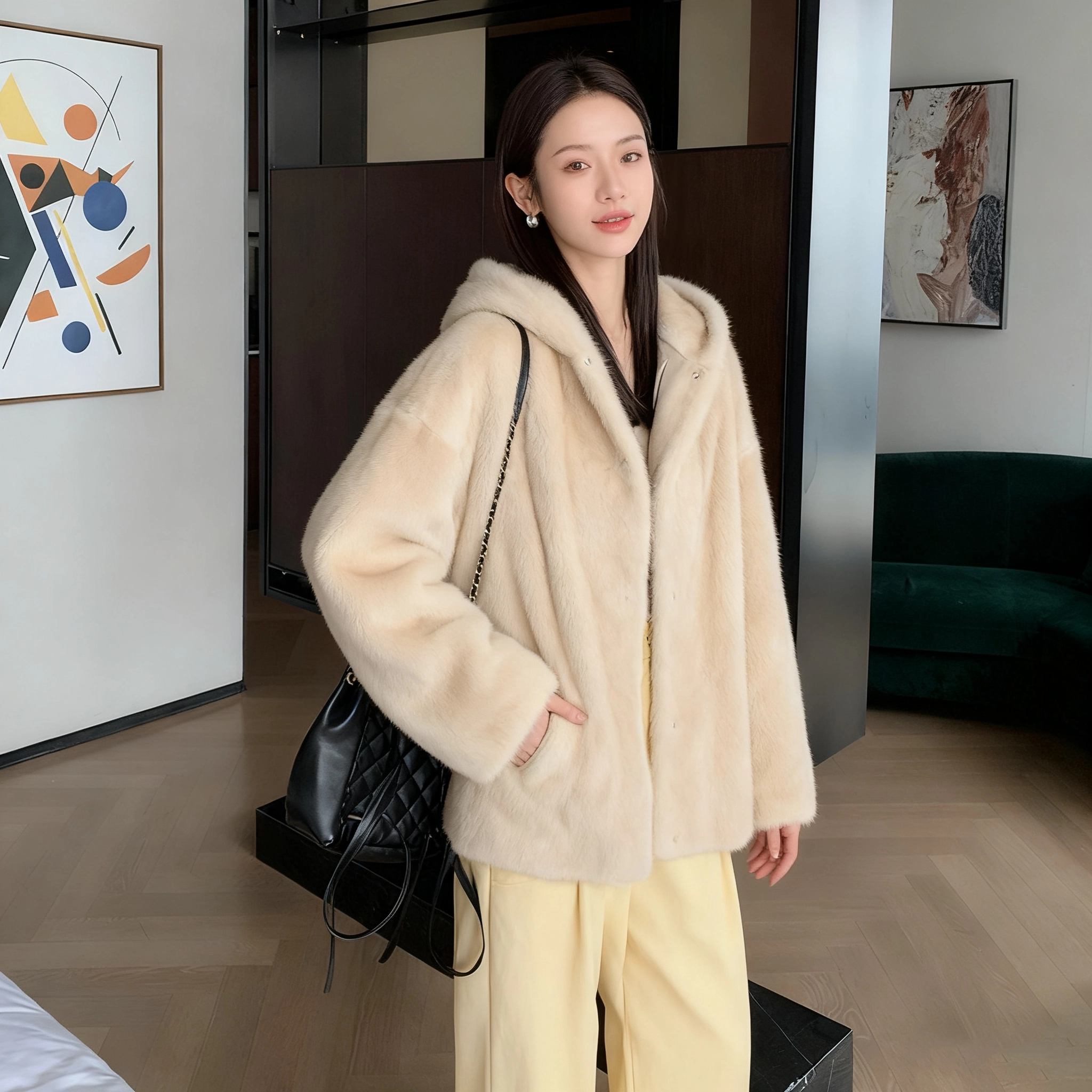 佐塞斯 高端品质轻奢天鹅绒水貂外套貂皮大衣女整貂短款连帽裘皮时尚冬季皮草 女款