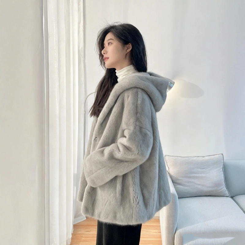 佐塞斯 高端品质轻奢天鹅绒水貂外套貂皮大衣女整貂短款连帽裘皮时尚冬季皮草 女款