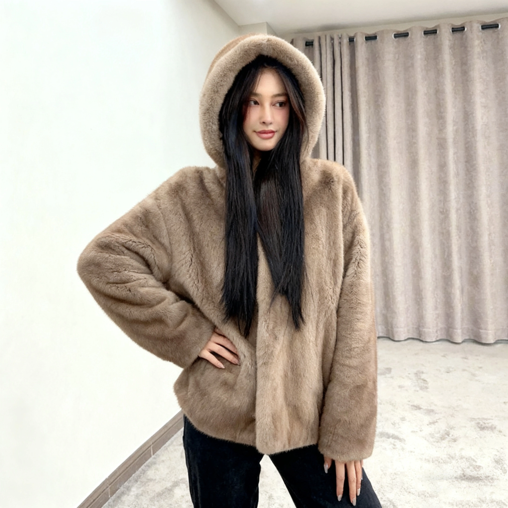 佐塞斯 高端品质轻奢天鹅绒水貂外套貂皮大衣女整貂短款连帽裘皮时尚冬季皮草 女款