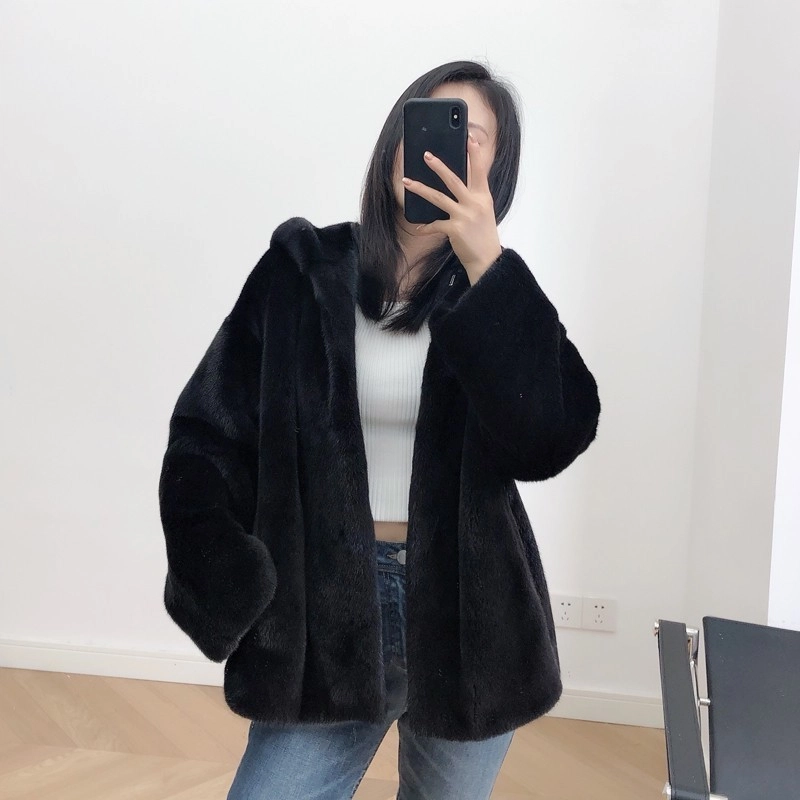 佐塞斯 高端品质轻奢天鹅绒水貂外套貂皮大衣女整貂短款连帽裘皮时尚冬季皮草 女款