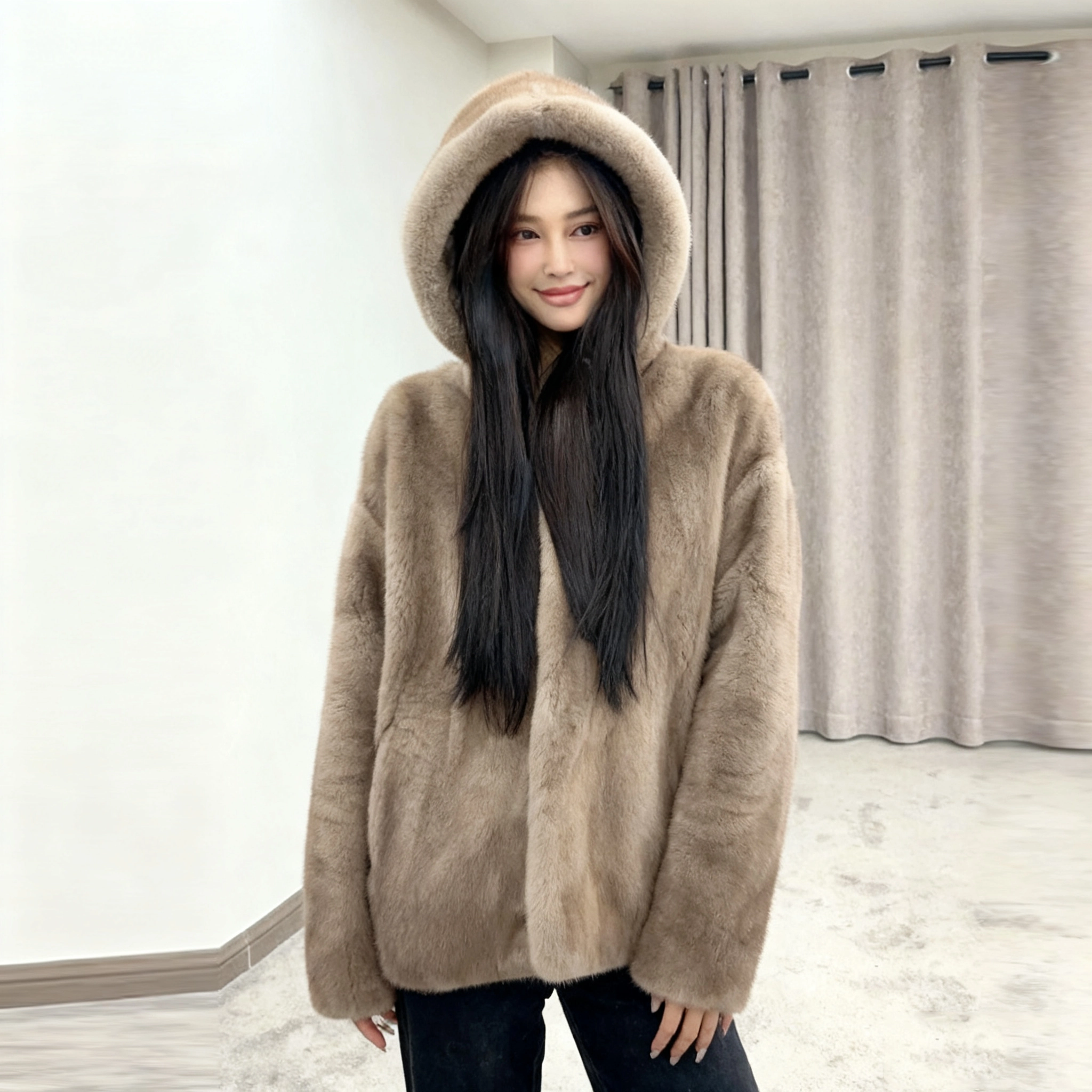 佐塞斯 高端品质轻奢天鹅绒水貂外套貂皮大衣女整貂短款连帽裘皮时尚冬季皮草 女款