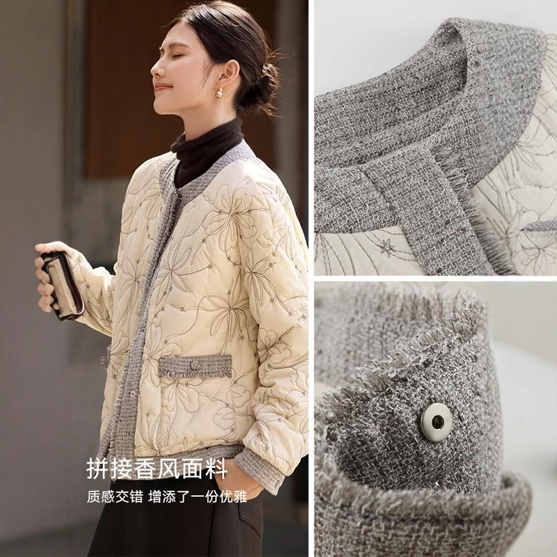佐塞斯 高端品质轻奢小香风拼接设计感棉衣秋冬优雅花式绗缝短款夹棉截短外套 女款