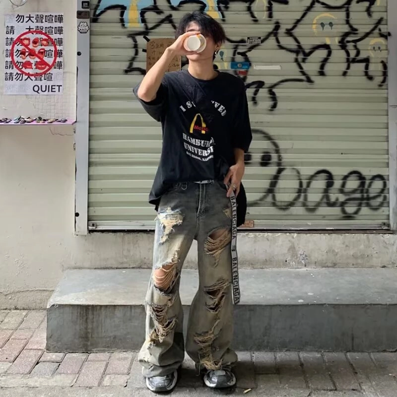 木木兔 美式重磅夏季男士气质原宿长裤百搭裤子简约潮流男生牛仔裤国潮穿搭夏天 男款
